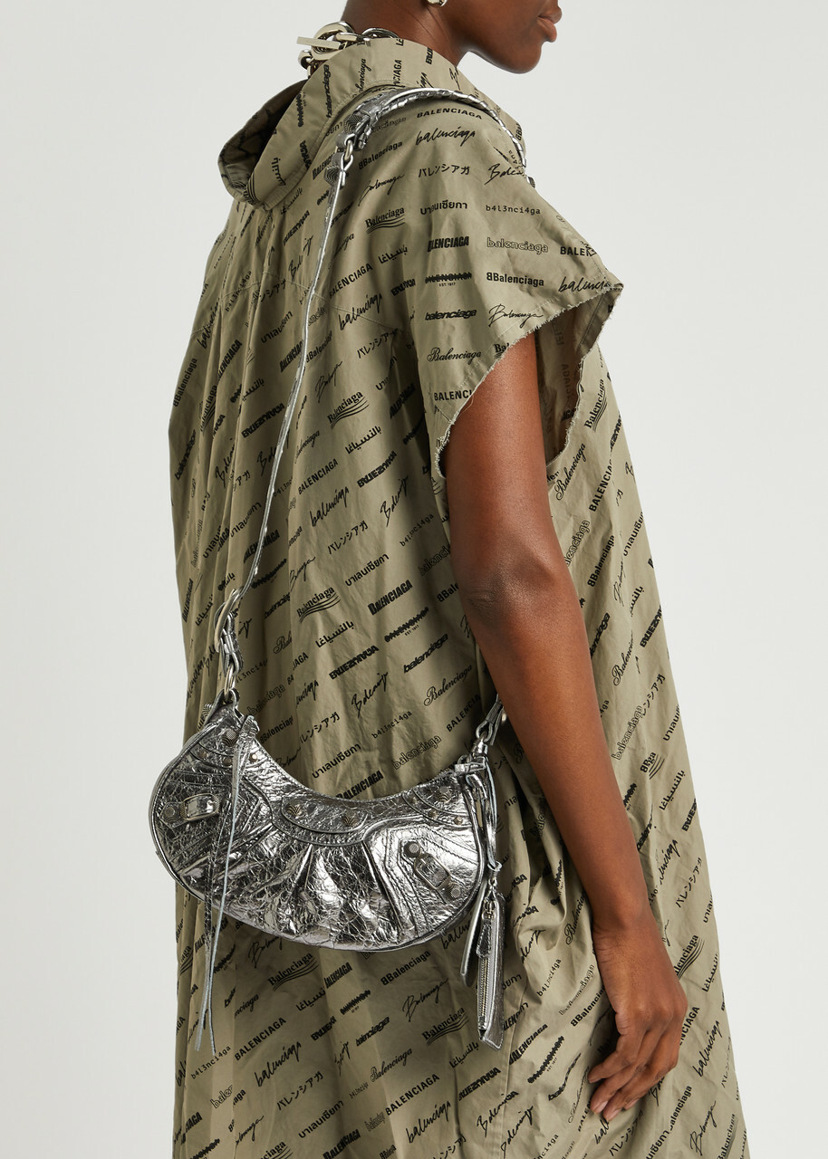 Balenciaga Le Cagole XS Metallic Shoulder Bag, Leather Bag, Silver