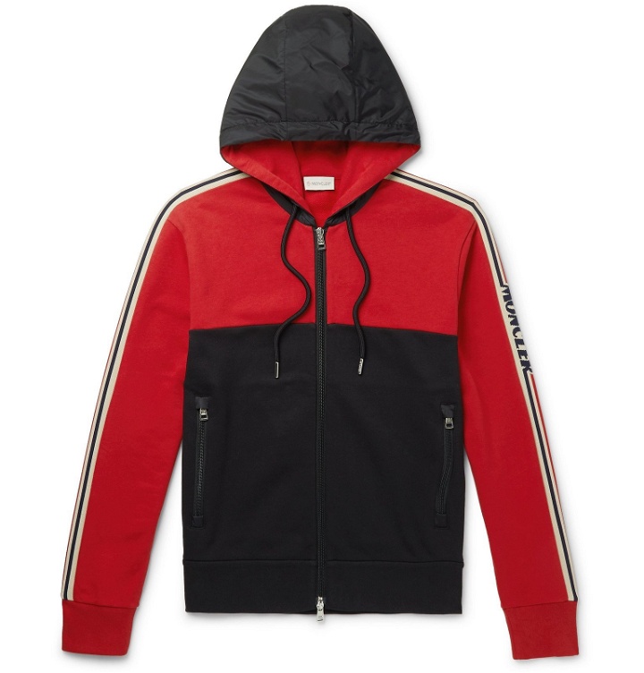 Photo: Moncler - Grosgrain-Trimmed Loopback Cotton-Jersey and Shell Zip-Up Hoodie - Red
