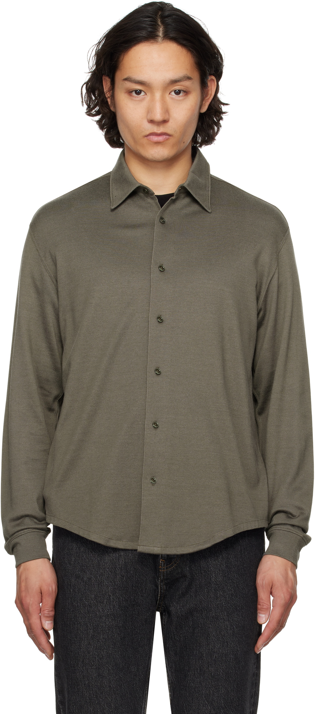 Lady White Co. Khaki Long-Sleeve Jersey Button Down Shirt