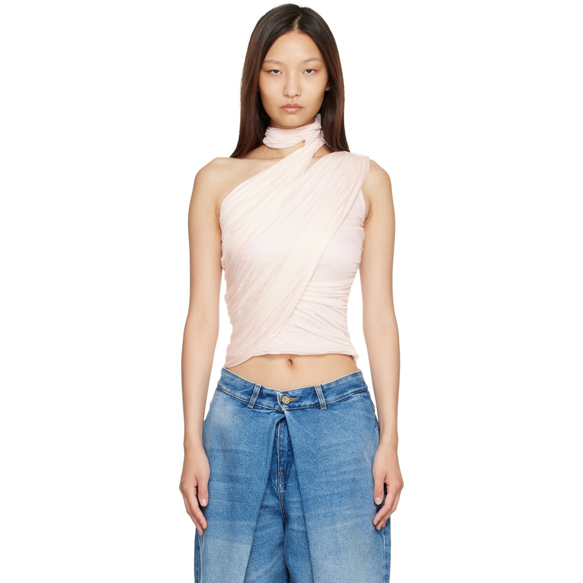 BALMAIN Pink Cross Neck Draped Fluid Jersey Top