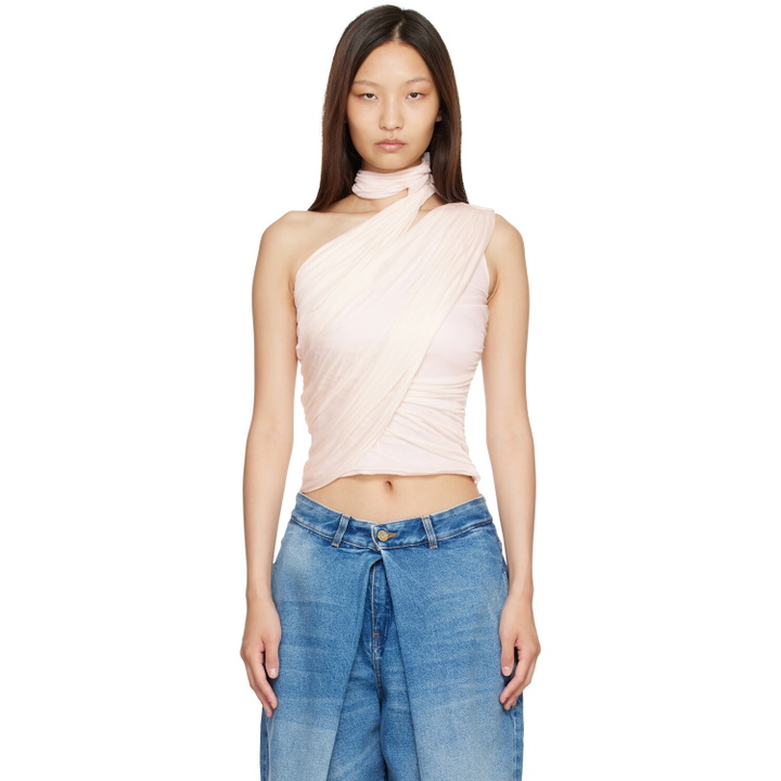 Photo: BALMAIN Pink Cross Neck Draped Fluid Jersey Top