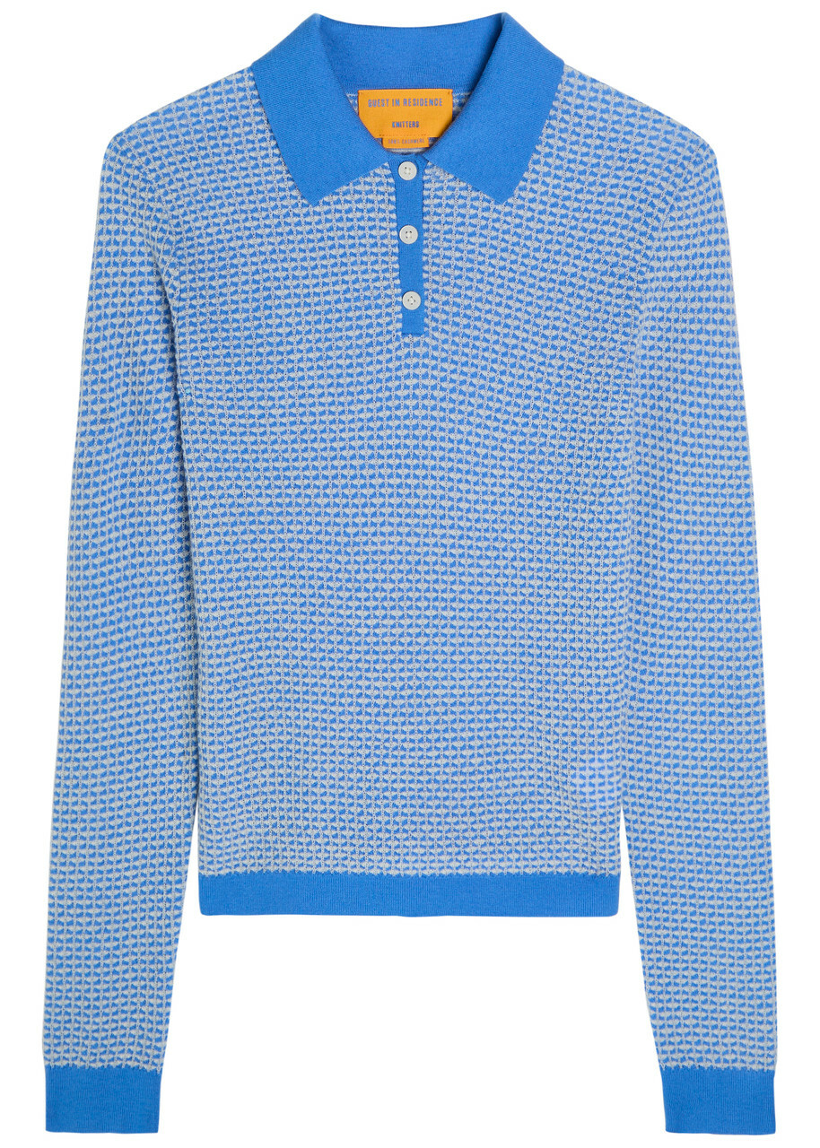 Guest In Residence Shrunken Patterned Cashmere Polo top Light Blue