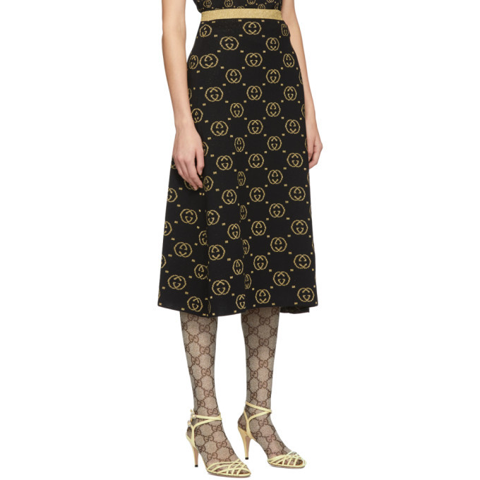 スカート GUCCI LONG WOOL SKIRT Gucci Black and Gold Wool GG Skirt Gucci