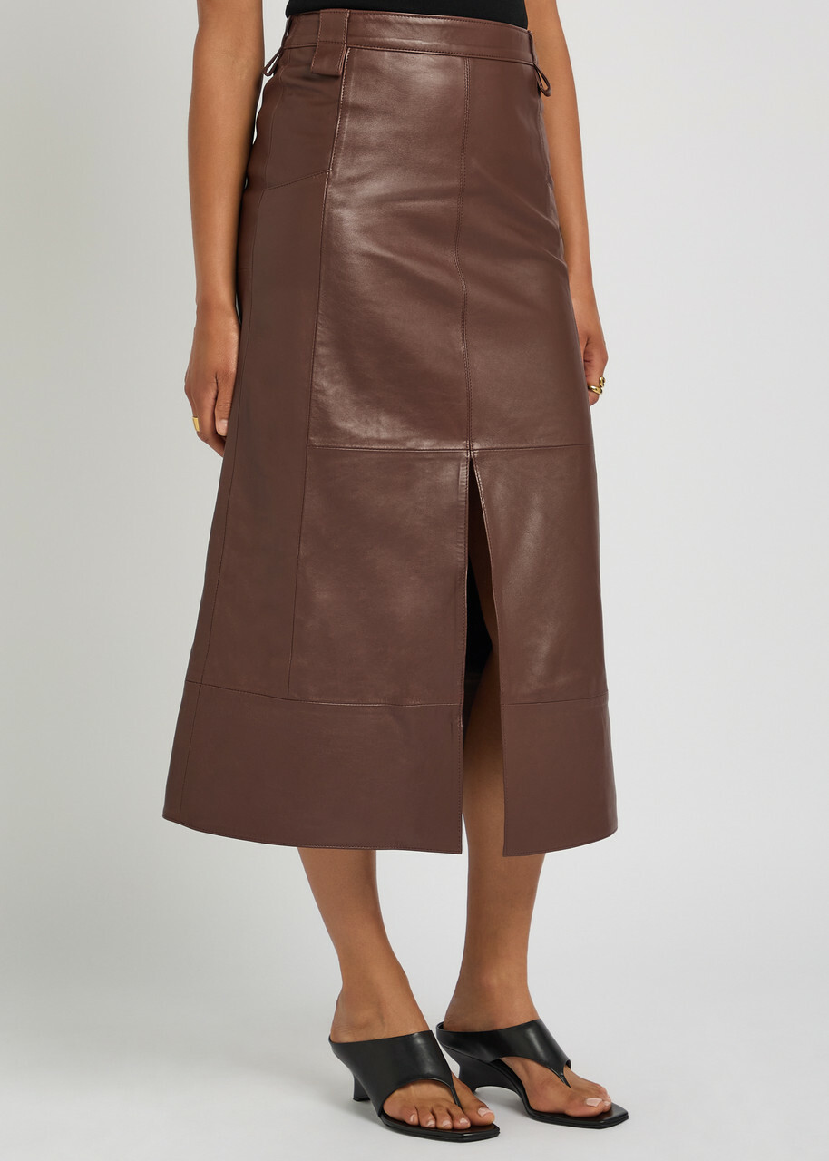 Skiim Farrah Leather Midi Skirt Dark Brown
