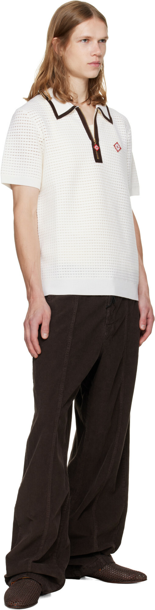 Casablanca White Wool Waffle Stitch Short Sleeve Polo