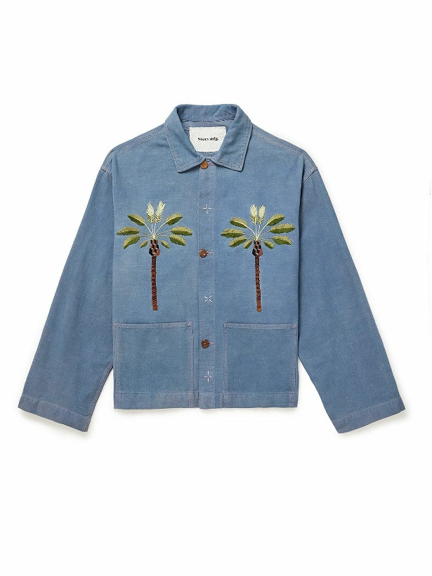 Photo: Story Mfg. - Short On Time Embroidered Organic Cotton-Chambray Jacket - Blue