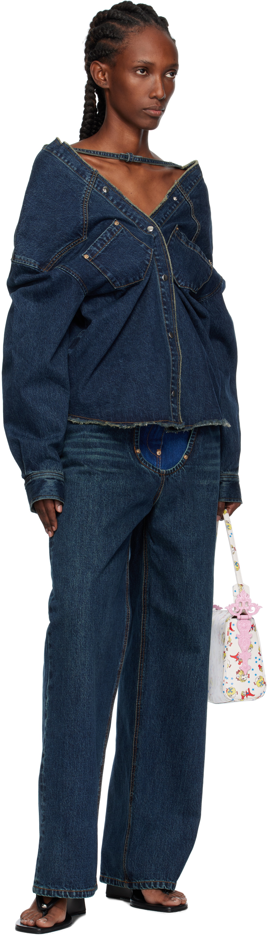 Pushbutton Navy Strap Point Denim Top