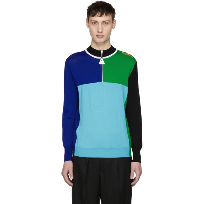 Photo: Kenzo Blue and Green Colorblock Zip Sweater