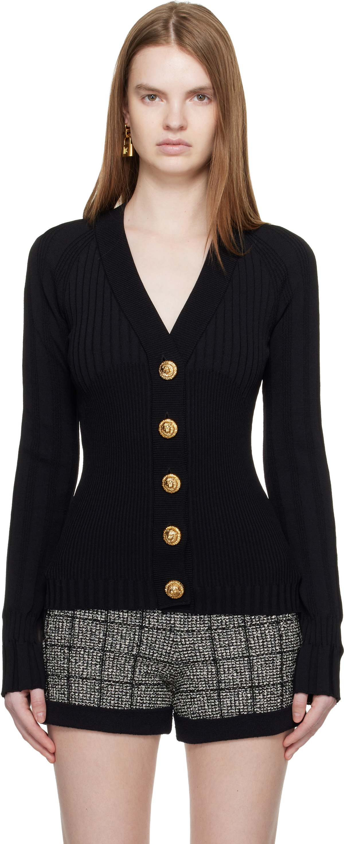 Balmain Black Buttoned V-Neck Light Knit Cardigan