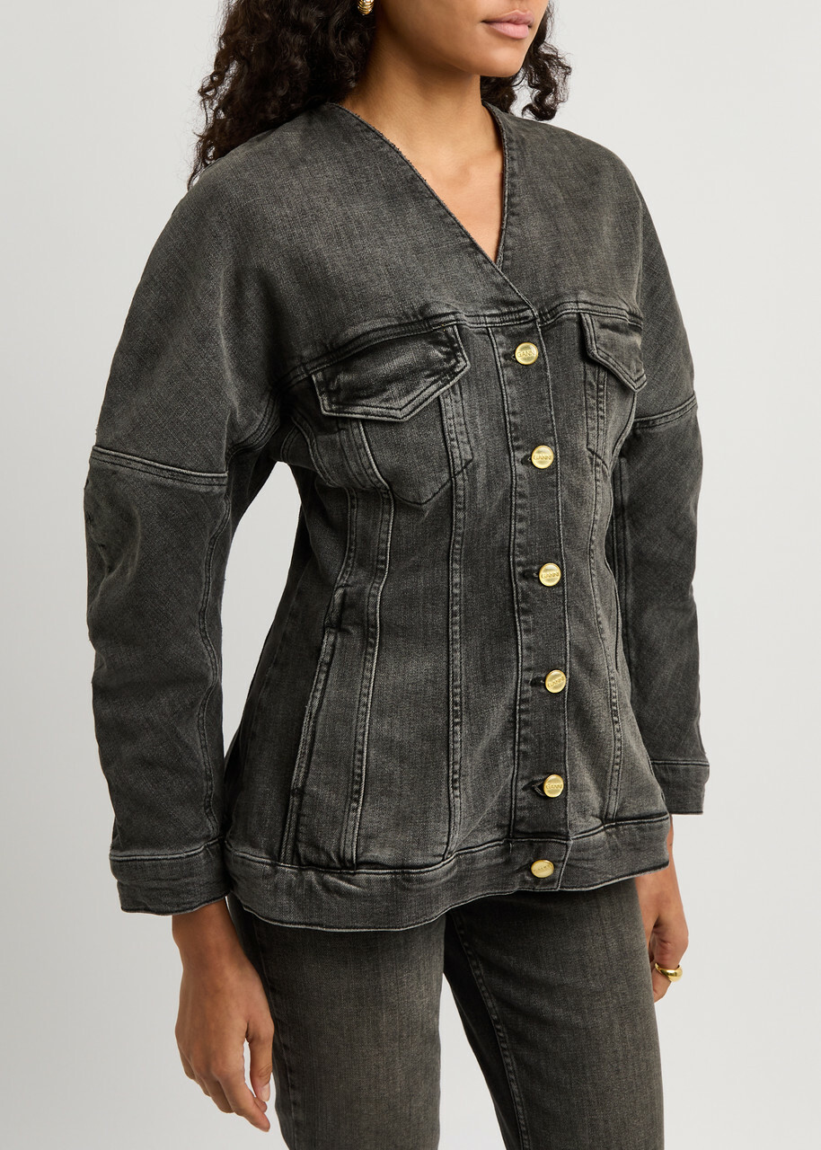Ganni Distressed Stretch-denim Jacket Black GANNI