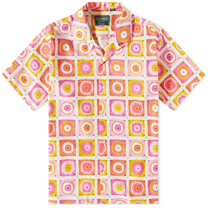 Photo: Gitman Vintage Men's Printed Sunflower Crochet Camp Collar Shirt in Pink