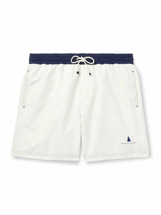 Photo: Brunello Cucinelli - Straight-Leg Mid-Length Logo-Print Swim Shorts - White
