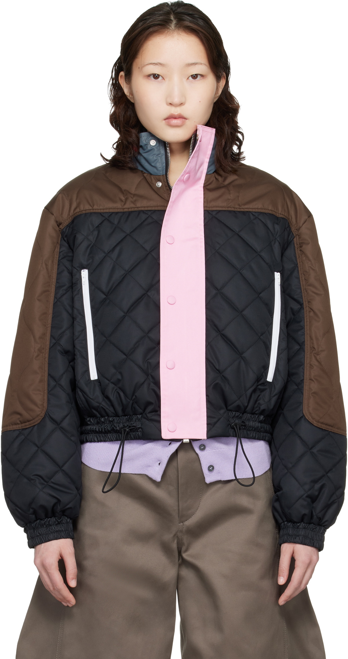 Meryll Rogge Black & Brown Quilted Track Bomber Jacket