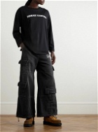 Liberal Youth Ministry - Wide-Leg Logo-Print Distressed Denim Cargo Trousers - Black