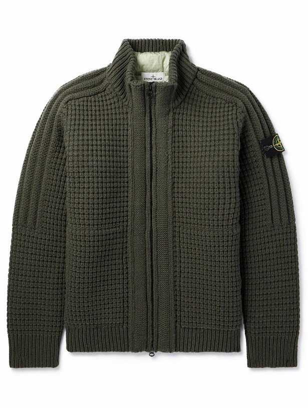 Photo: Stone Island - Logo-Appliquéd Waffle-Knit Merino Wool Jacket with Detachable Down Liner - Green