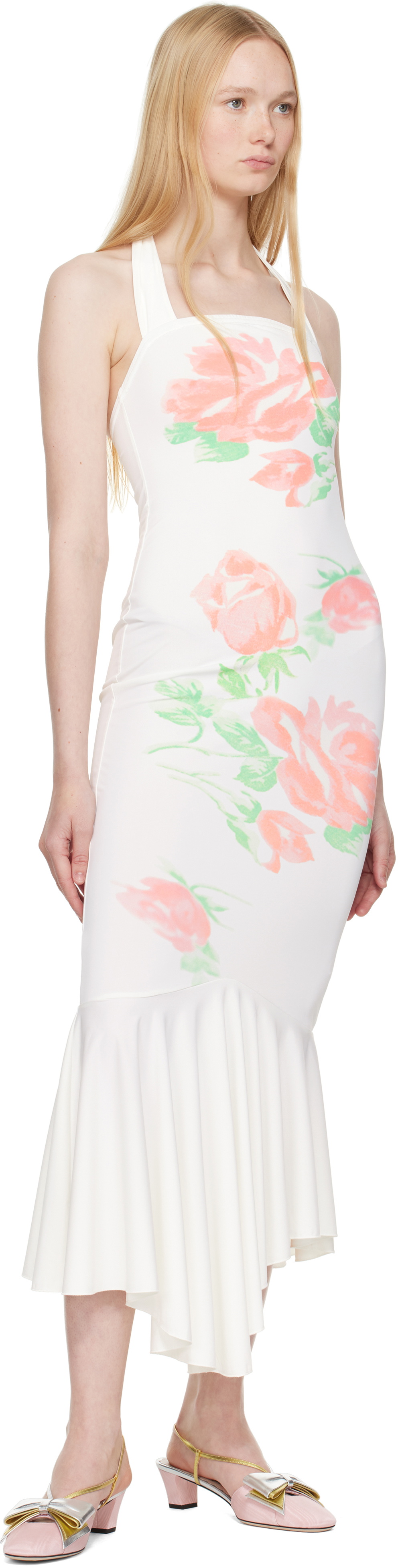 Yuhan Wang SSENSE Exclusive White Rose Printed Halterneck Midi Dress