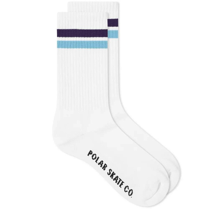 Photo: Polar Skate Co. Men's Stripe Sock in White/Purple/Blue