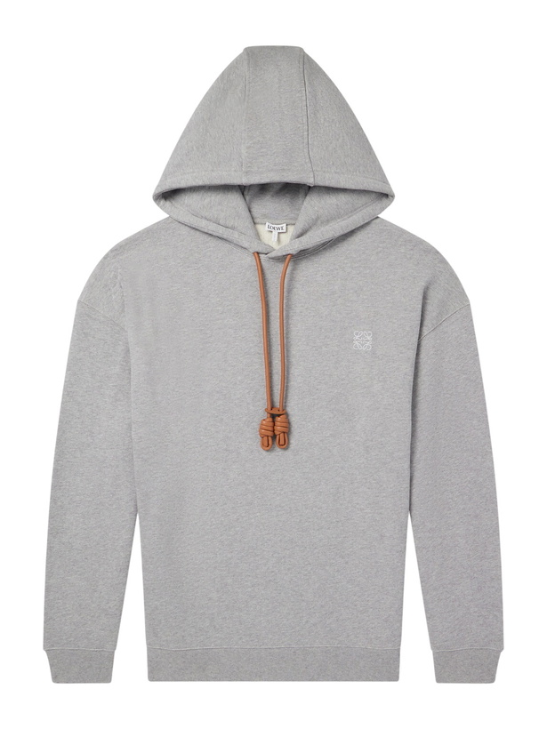 Photo: LOEWE - Anagram-Embroidered Leather-Trimmed Cotton-Fleece Hoodie - Gray