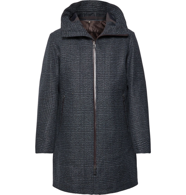Photo: Herno Laminar - Checked Wool-Blend Tweed Hooded Coat with Detachable Shell Liner - Blue