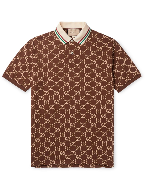 Photo: GUCCI - Logo-Embroidered Stretch-Cotton Piqué Polo Shirt - Brown