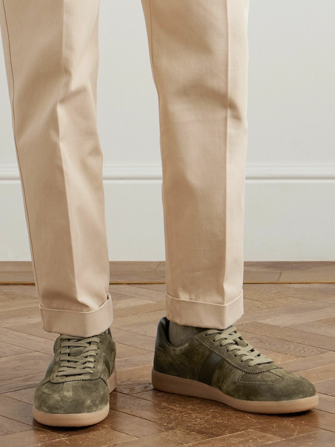 TOM FORD - Archer Leather-Trimmed Suede Sneakers - Green TOM  display picture 1