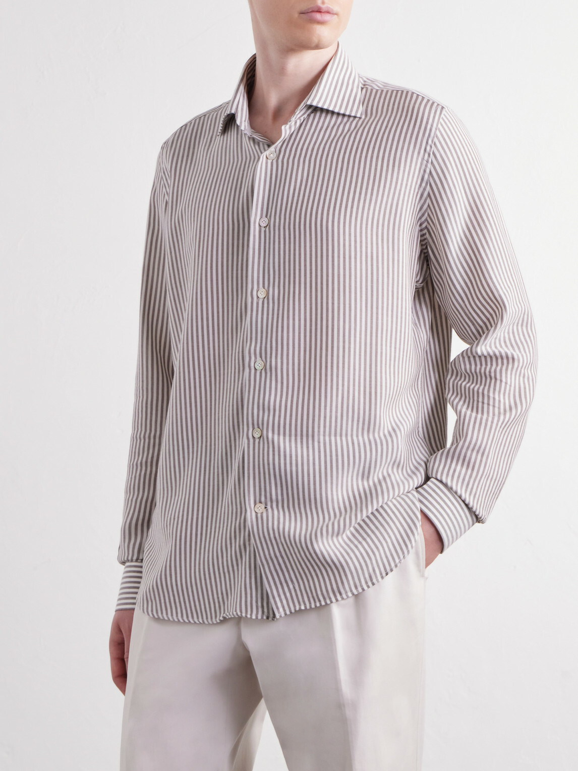 Eleventy - Striped Lyocell and Cotton-Blend Shirt - Brown