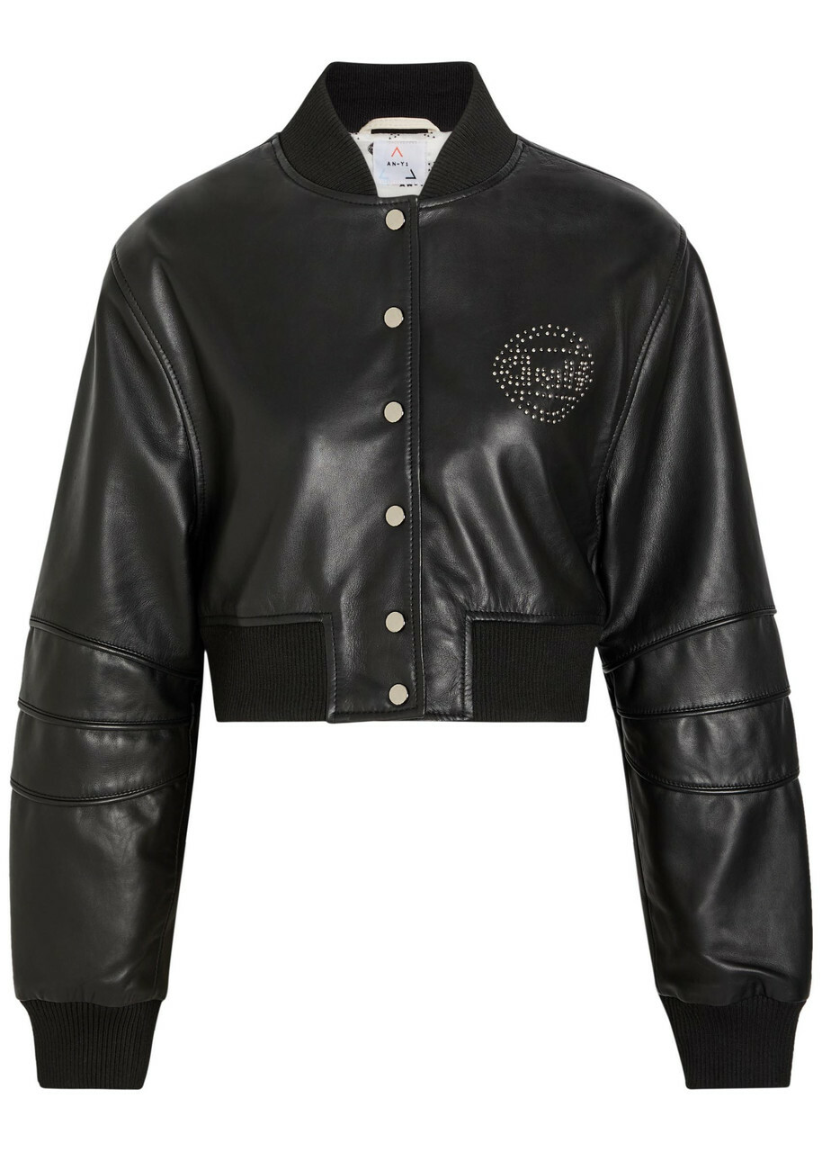 AN-Y1 Queen Stud-embellished Leather Cropped Bomber Jacket Black