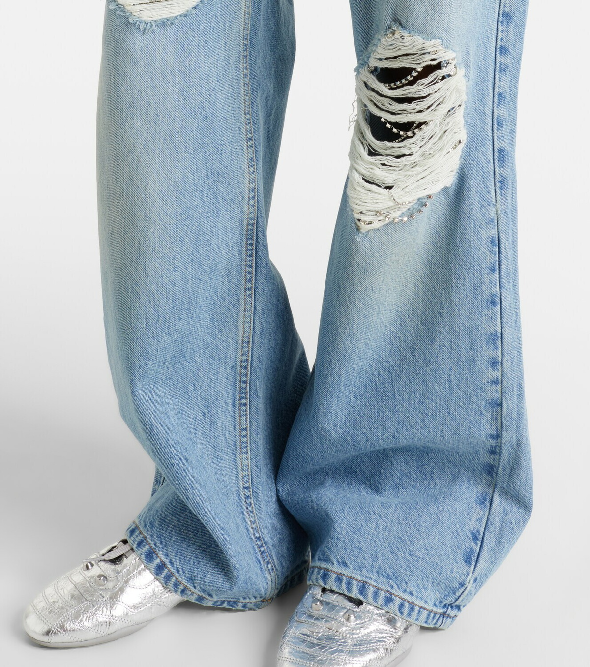 Area Distressed embellished wide-leg jeans
