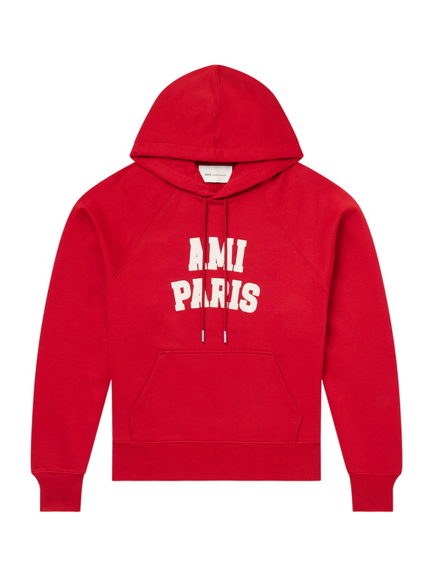 Photo: AMI PARIS - Logo-Embroidered Organic Cotton-Fleece Hoodie - Red
