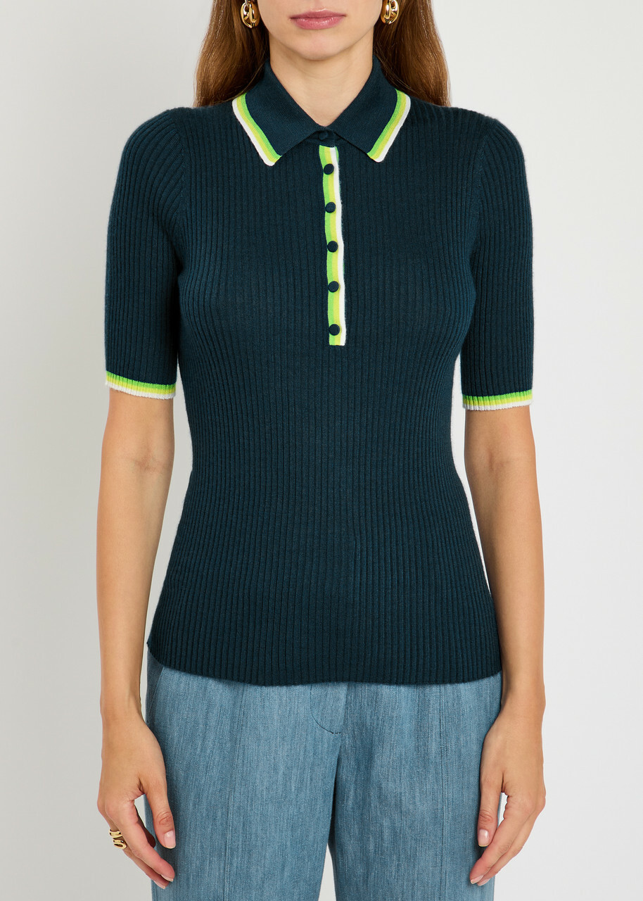 Gabriela Hearst Perro Ribbed Cashmere and Silk-blend Polo Shirt Denim