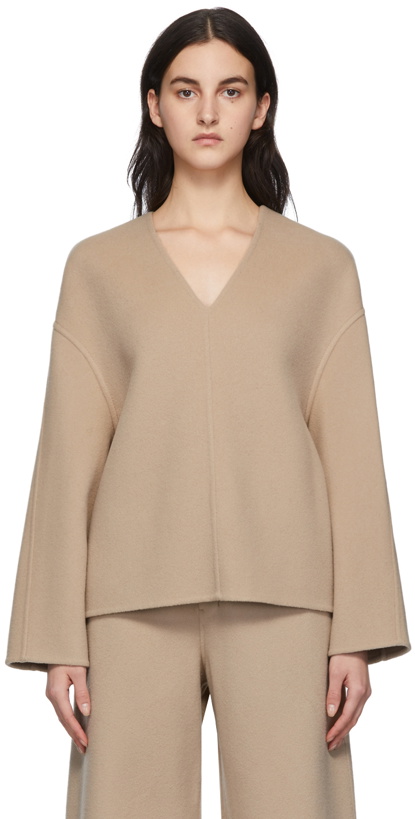 Photo: AMI Alexandre Mattiussi Beige V-Neck Oversized Sweater