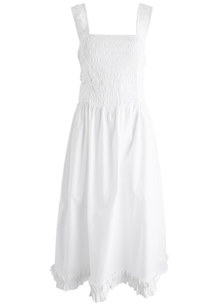 Ganni Smocked Cotton-poplin Midi Dress White GANNI