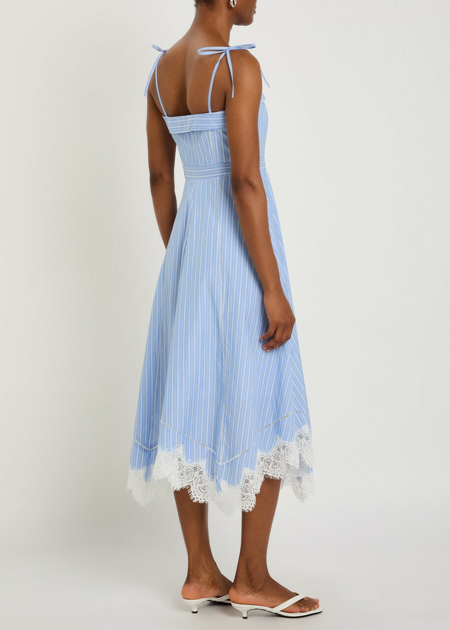 Simkhai Avaleigh Striped Lace-trim Cotton Midi Dress Blue