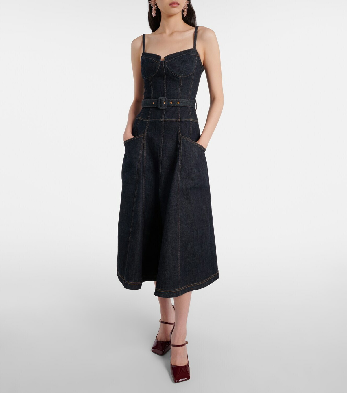 Self-Portrait Belted denim bustier dress