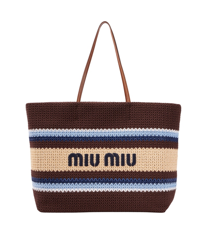 Photo: Miu Miu Logo striped raffia-effect shopper