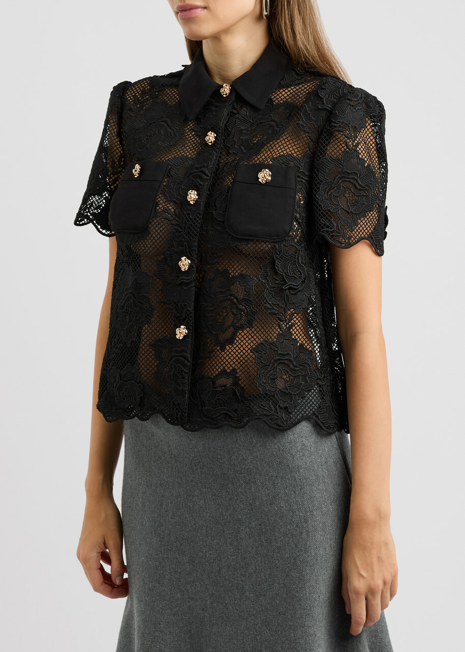 Self-portrait Floral-embellished Sheer Guipure Lace Shirt Black