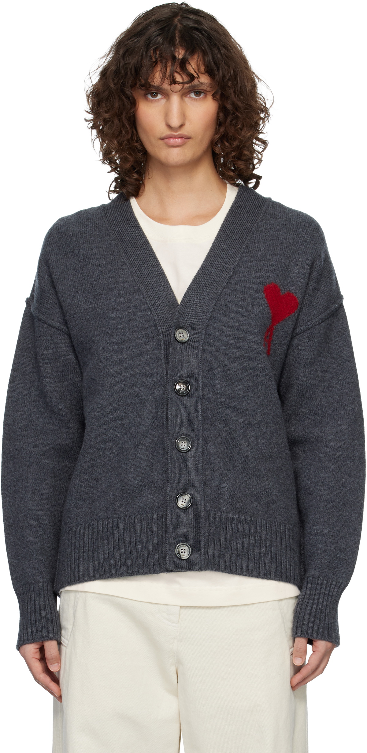 AMI Paris Gray Wool Ami de Coeur Cardigan