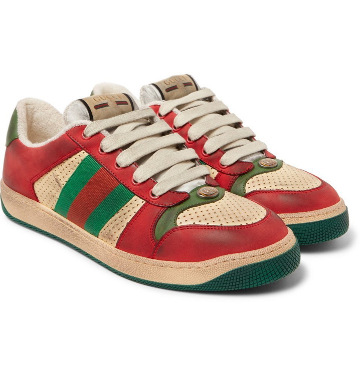Photo: Gucci - Virtus Distressed Leather and Webbing Sneakers - Red