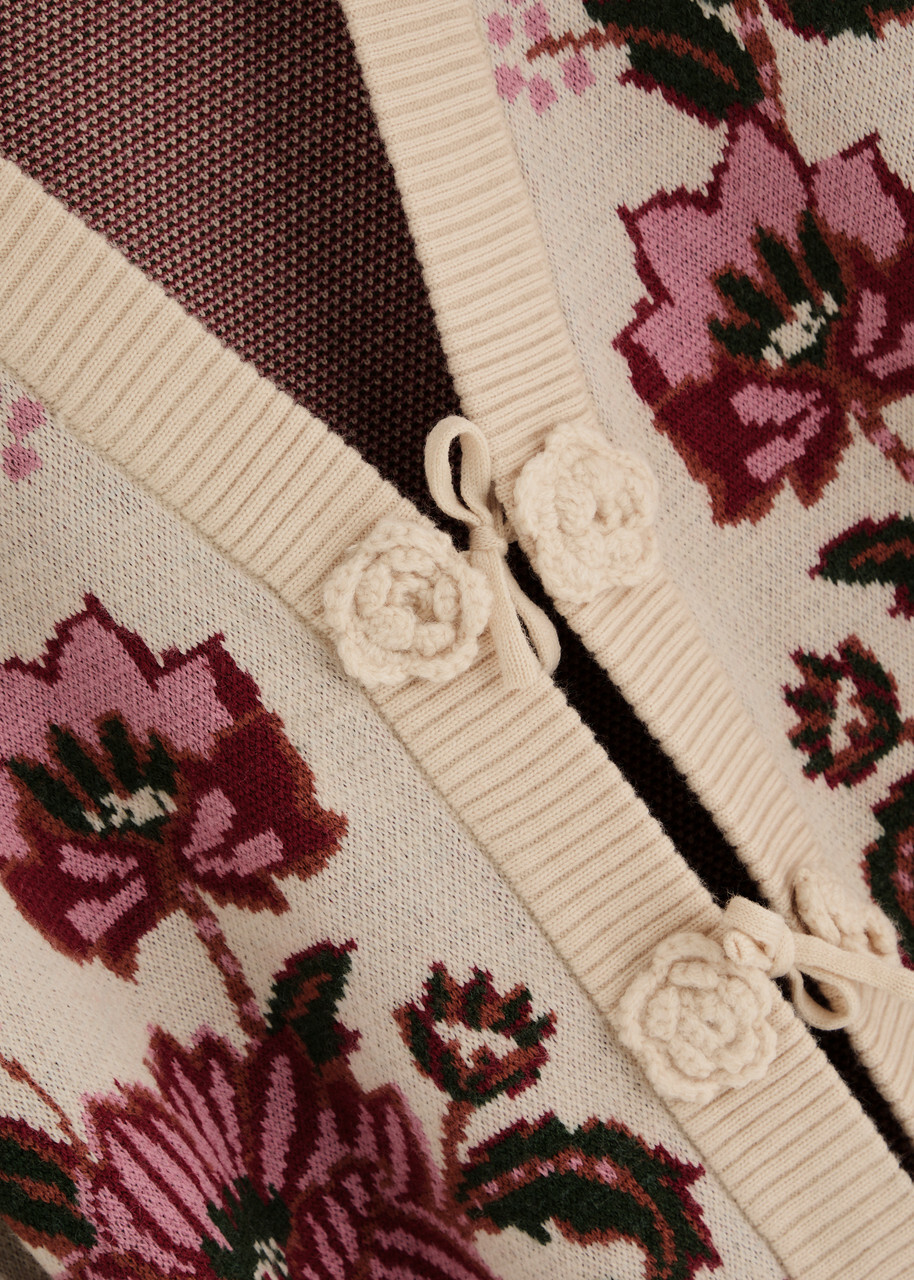 Farm Rio Ravenala Floral-intarsia Knitted Cardigan Cream