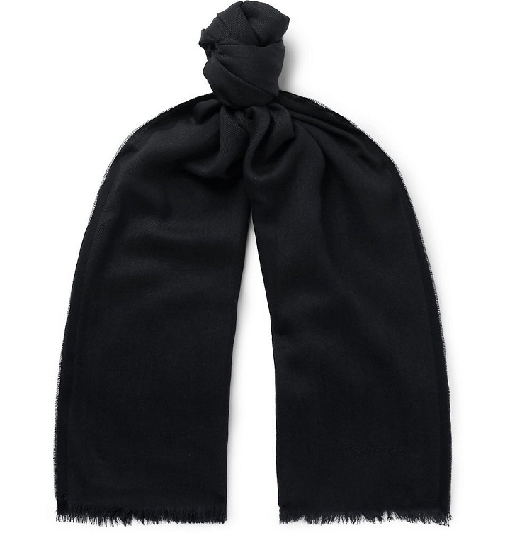 Photo: TOM FORD - Logo-Embroidered Cashmere, Silk and Wool-Blend Twill Scarf - Navy