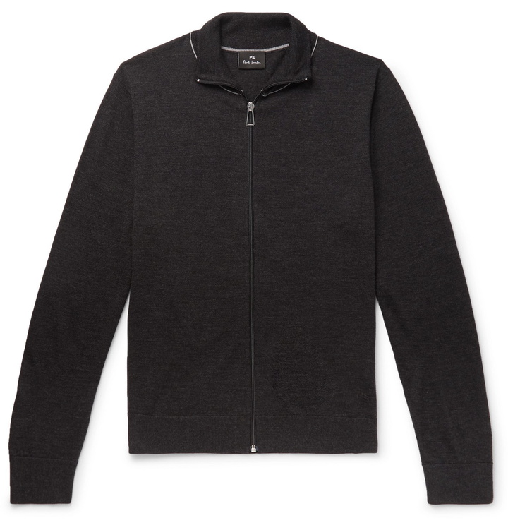 Photo: PS Paul Smith - Slim-Fit Piped Merino Wool Zip-Up Cardigan - Gray