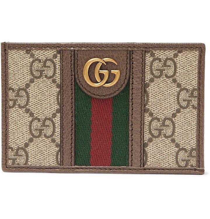 Photo: Gucci - Ophidia Webbing-Trimmed Leather and Monogrammed Coated-Canvas Cardholder - Brown