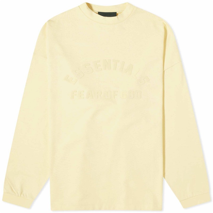 Photo: Fear of God ESSENTIALS Men's Spring Long Sleeve Printed T-Shirt in Garden Yellow