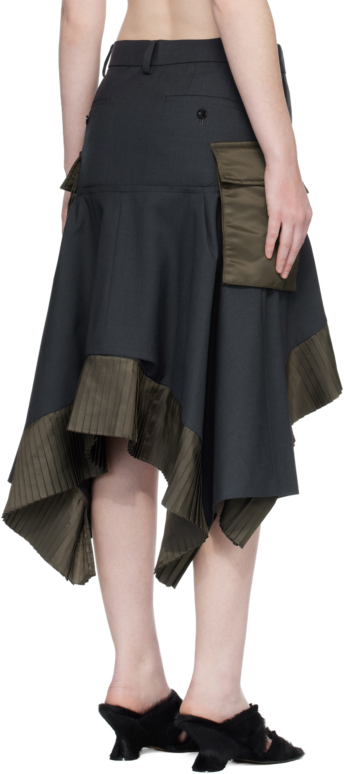 sacai Gray Suiting & Nylon Twill Midi Skirt
