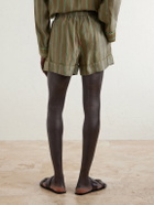 SAINT LAURENT - Wide-Leg Piped Pleated Striped Recycled-Twill Shorts - Green