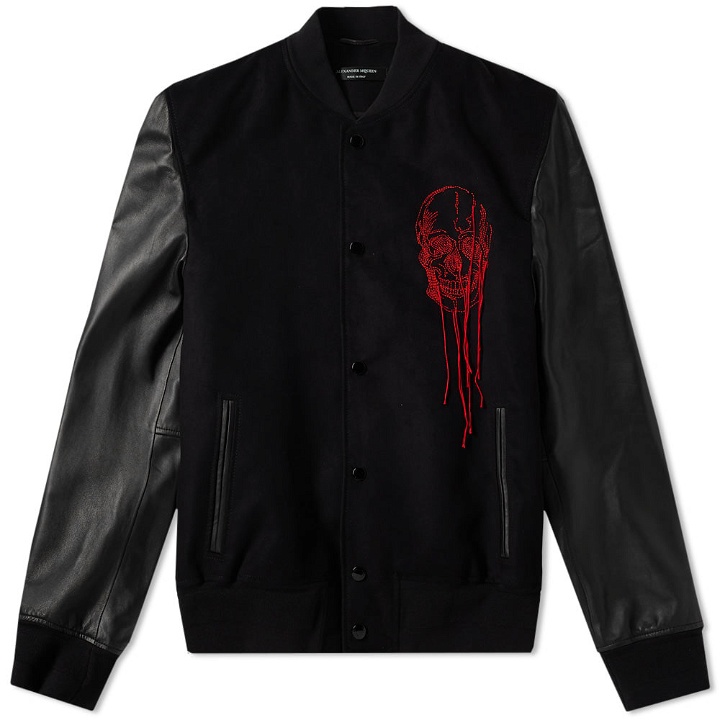 Photo: Alexander McQueen Leather Sleeve Skull Embroidered Bomber Black