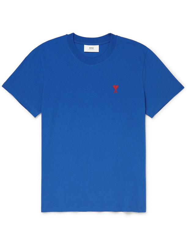 Photo: AMI PARIS - Logo-Embroidered Mélange Cotton-Jersey T-Shirt - Blue