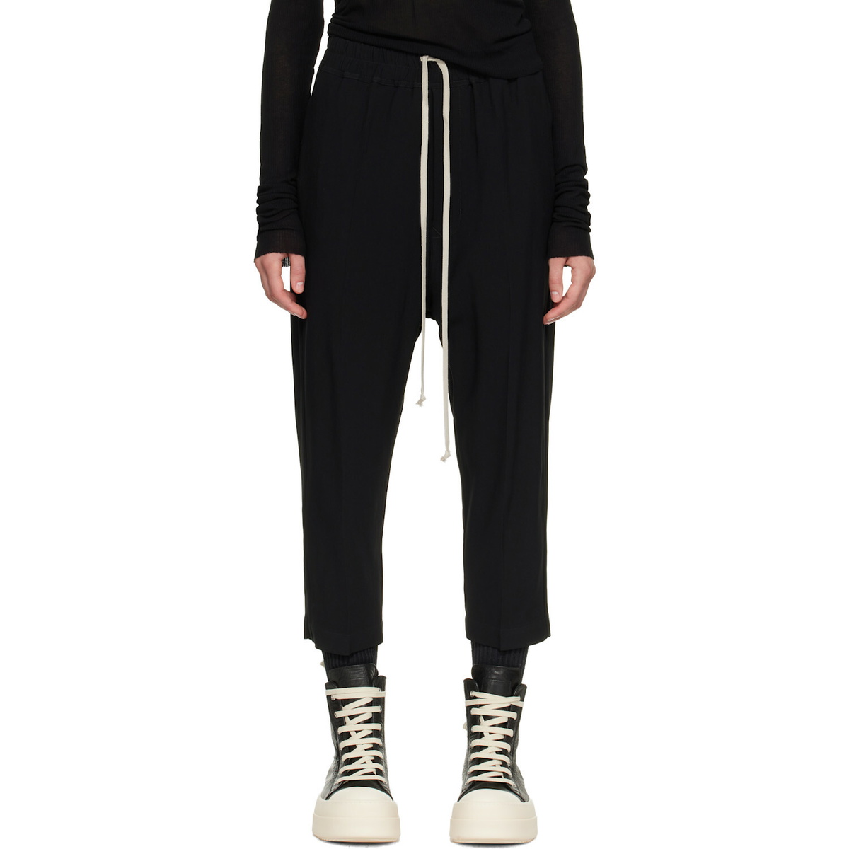 Rick Owens Black Drawstring Astaires Cropped Trousers