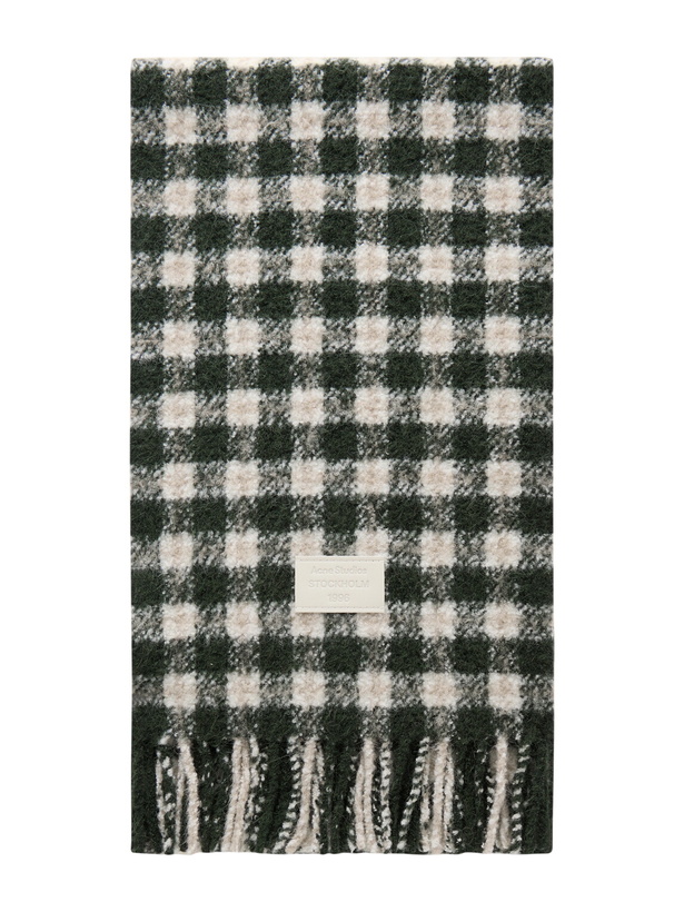 Photo: Acne Studios - Fringed Logo-Appliquéd Leather-Trimmed Knitted Scarf