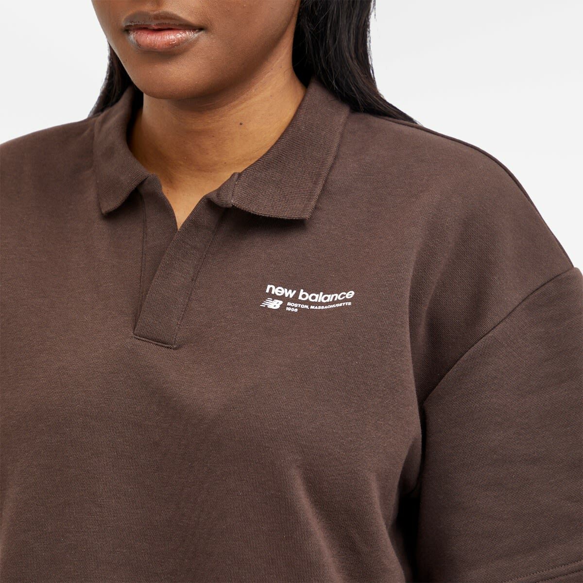 New Balance Women's Linear Heritage French Terry Collared Shirt in Black Coffee